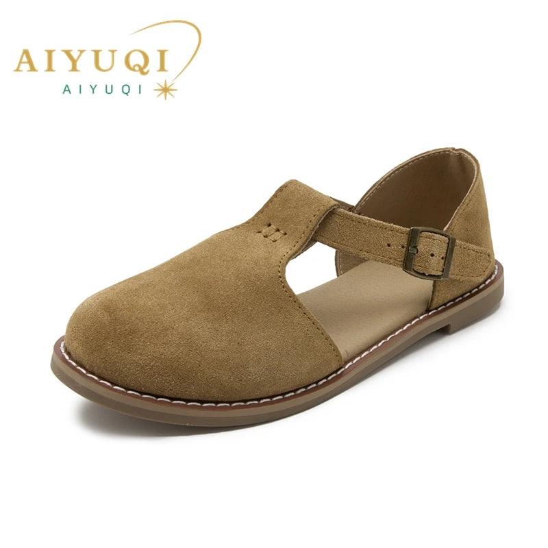 AIYUQI flat-soled retro frosted genuine leather women's sandals 2024 new hollow women's shoes Roman Baotou sandals for women