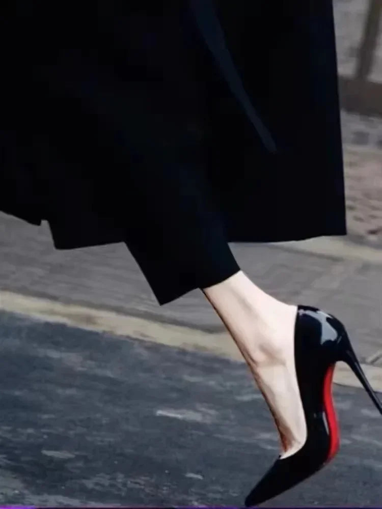 Black Patent Leather Pointed Toe Red Rubber Sole Women's High Heels Party Shoes Sexy Women's Dress Stilettos 2025