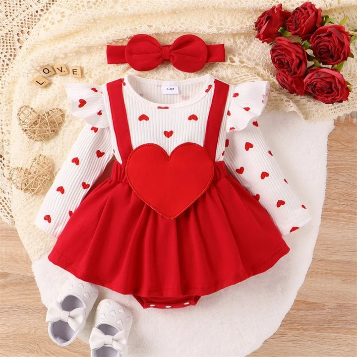 Valentine Baby Girl Outfit Heart Print Ribbed Long Sleeve Newborn Valentines day Romper Dress Headband Set