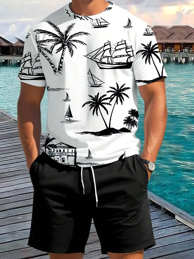 Summer Men's 2 Piece Set Hawaiian Fashion Casual Men's T-shirt Outdoor Beach Men's Shorts Palm Tree Print O-neck Short Sleeves