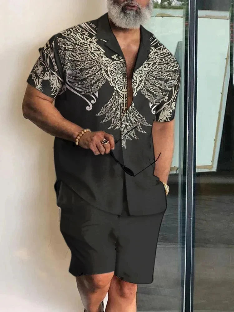 2025 Summer Men's Temperament Shirt Set Men's Hawaii Vacation Short Sleeve Top Drawstring Shorts 2 Pcs Boutique Party Dresses