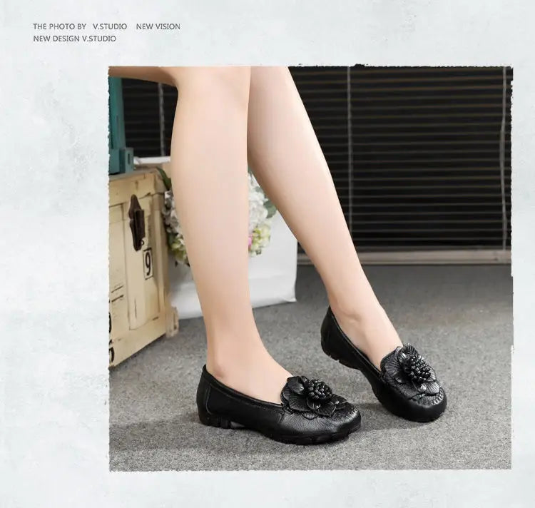 Women Concise Flower Flats Black Shoes Spring Flats Female Genuine Leather Shoes 2020 Superstar Oxfrod Shoes Women Loafer