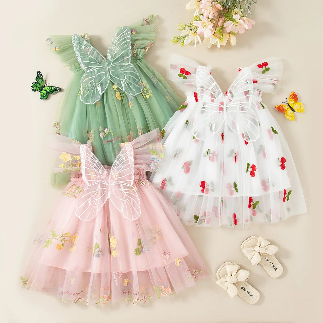 Summer New Girls' Dress Halter Small Flying Sleeve Embroidery Pattern Wings Sweet Princess Dress Mesh Princess Dress