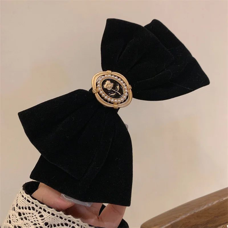 New Black Velvet Bow Hair Pins Elegant Fabric Alloy Roses Hair Clips for Women Fashion Ponytail Barrette Heawear Accessories