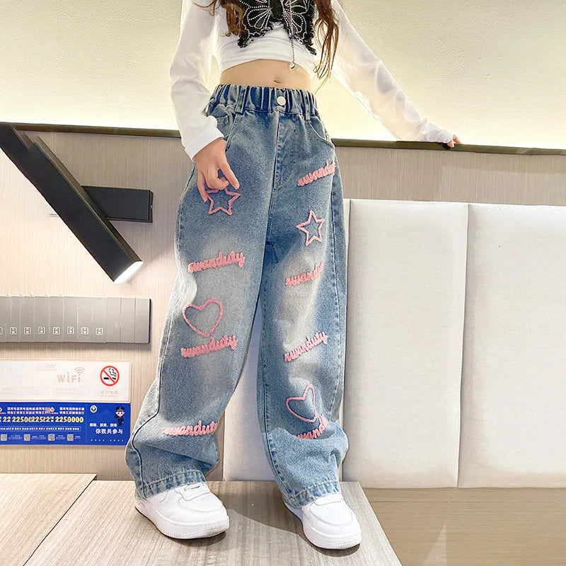 Girls School Wide Leg Pants with Heart Star Design Casual Loose 2024 Kids Fashion Long Jeans Children Korean Style Trousers