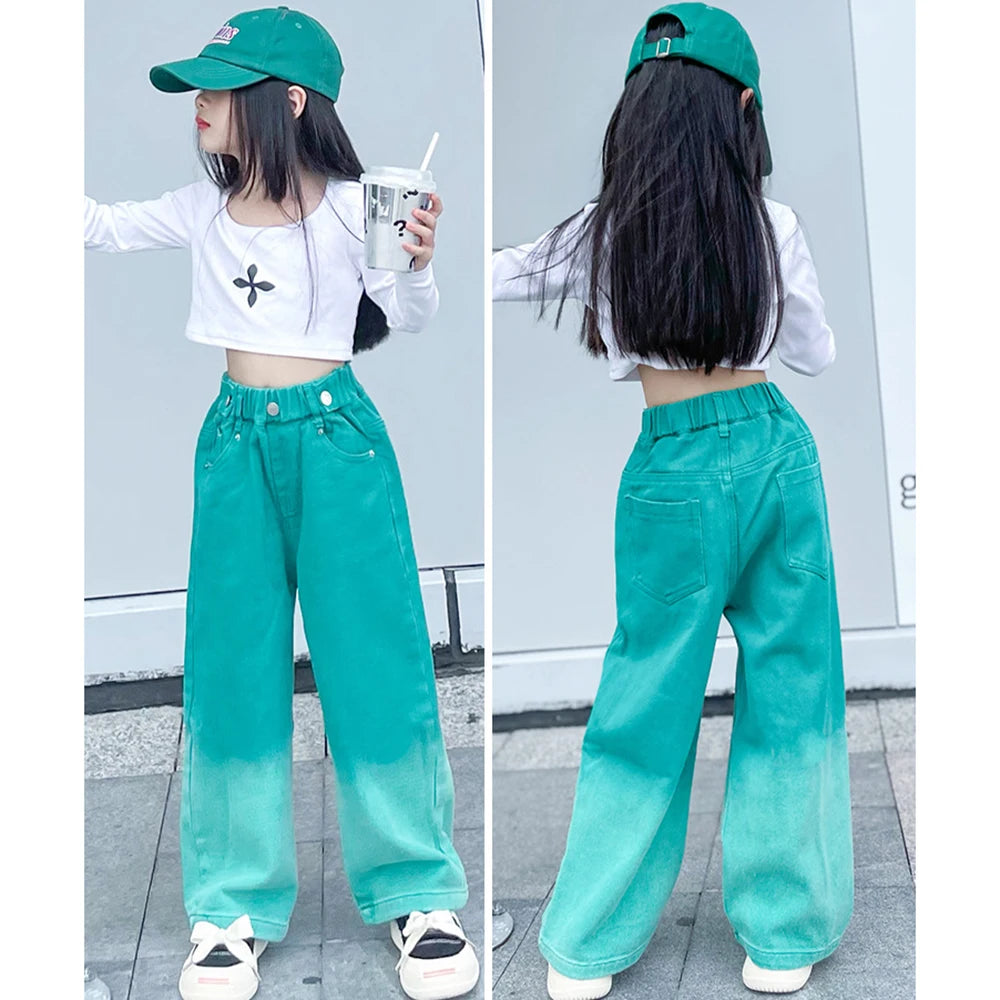 Teenagers Girl Wide Leg Jeans Kids Girls Denim Pants Children Outwear Long Trousers Girl JAZZ Clothing Fall Spring 110-170