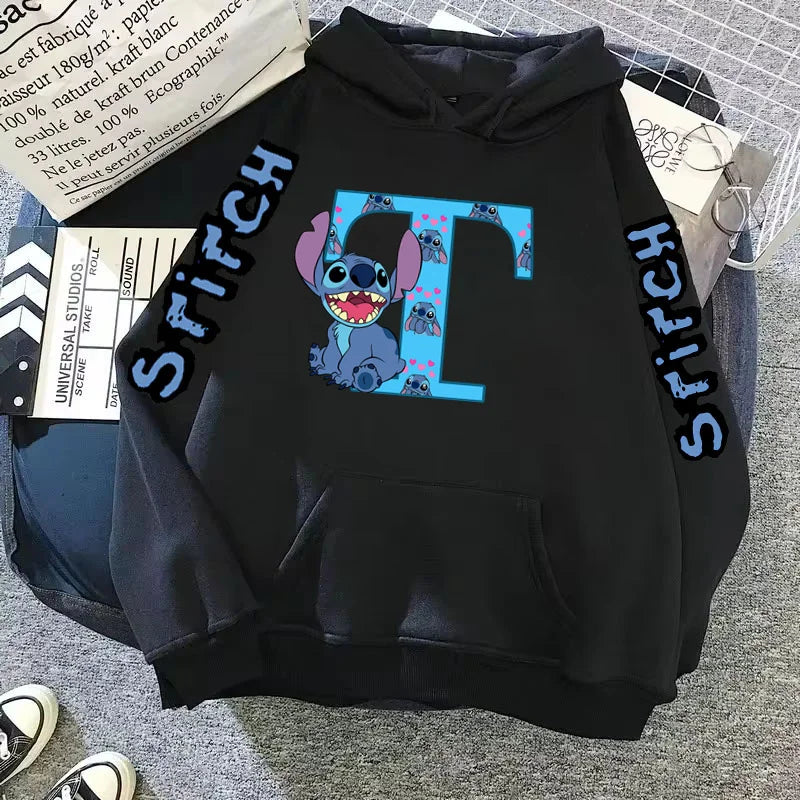 2024 Women's Winter Jacket Cute Kawaii Disney Lilo & Stitch Lucky Letter Print Black Hoodie Fashion Couple Streetwear Sportswear