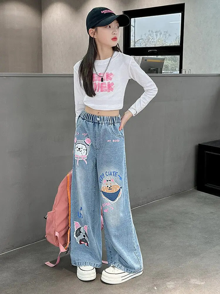 2024 Cartoon Fashion Pattern Jeans for Girl Loose Straight Denim Pants Lovely Print Kids Spring Autumn Korea Style Long Trousers