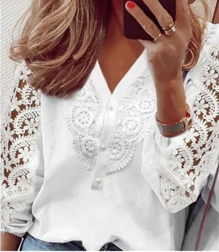 Elegant and Young Women's Long Sleeve Blouse, Butterfly Print, White Lace Blouses, Women's Fashion Clothes, 2024