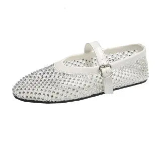 Mesh Breathable Rhinestone Fashion Versatile Women's New Foreign Style Niche Belt Flat Soft Soled Mary Jane Shoes Womens Shoes