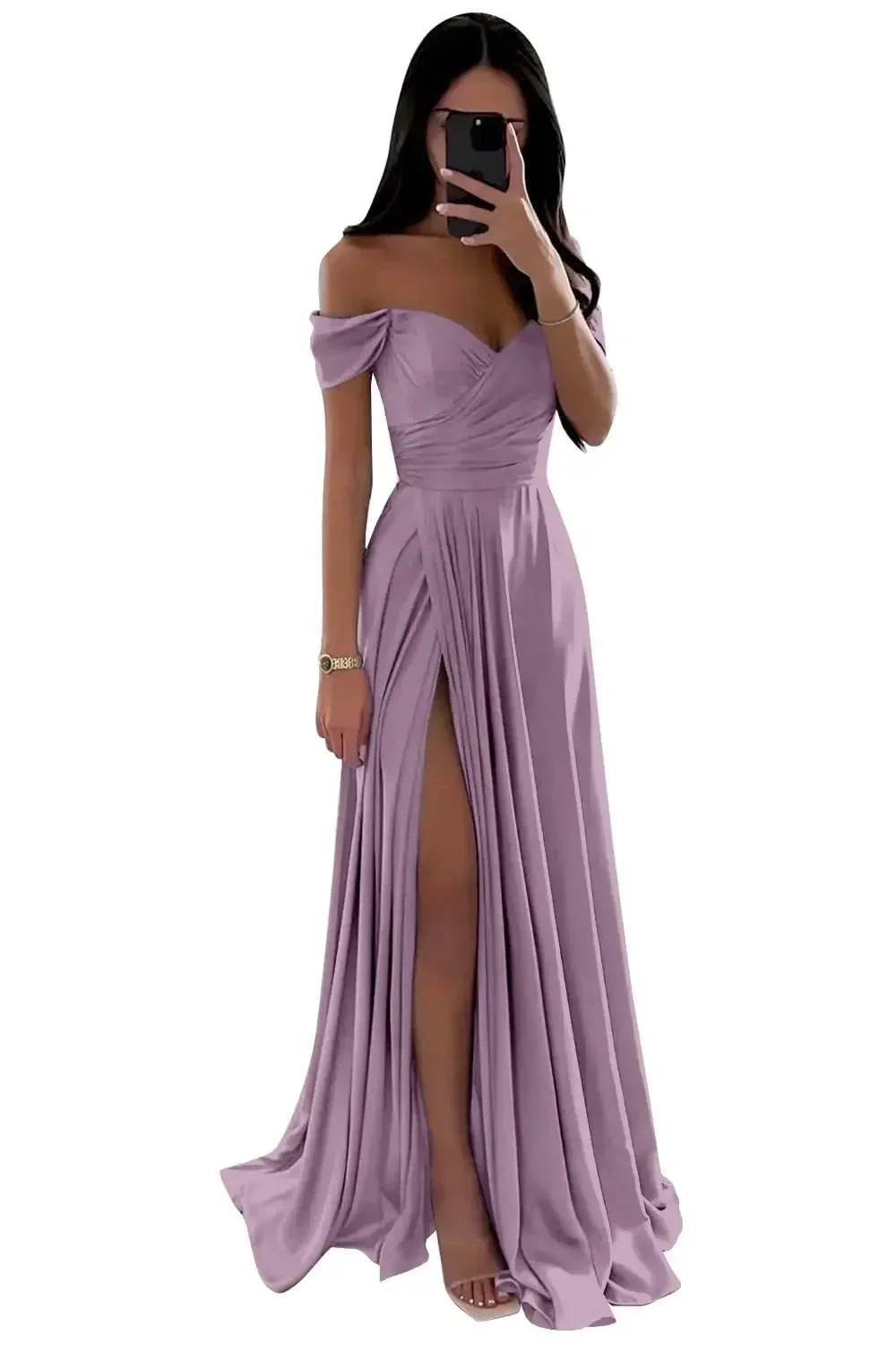 GDYBAO Women's Off The Shoulder Bridesmaid Dresses for Wedding Slit Long Pleated Satin Prom Dress Customized A-Line Evening Gown