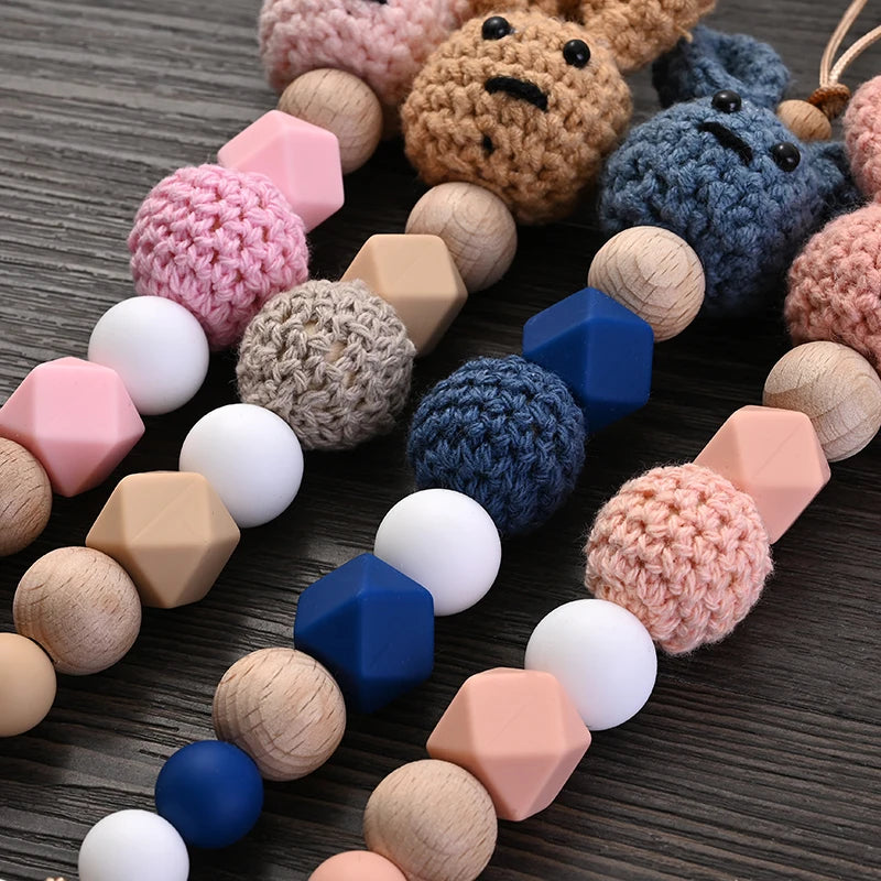 New Baby Wooden Pacifier Clip Wood Crochet Rabbit Teething Soother Chain For Nursing Chew Toy Baby Dummy Holder Chain BPA Free