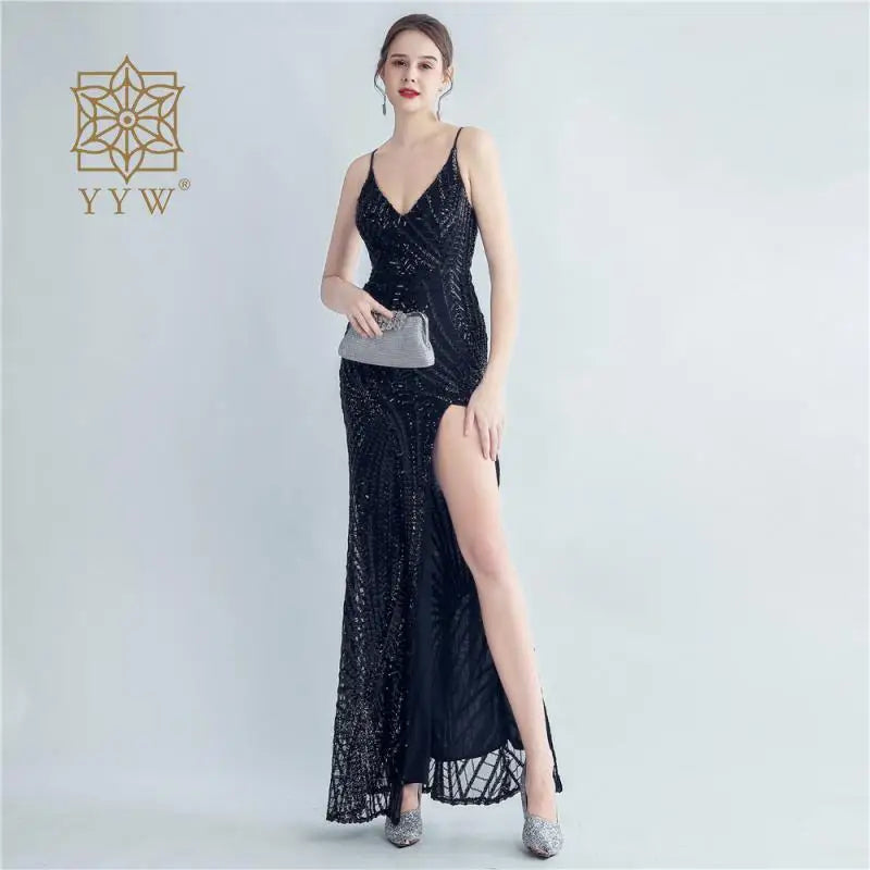 Backless Sexy Adjust Spaghetti Strap Women Mermaid Dress Evening Sequin Maxi Gala Gowns Celebration Formal Banquet Robe Wedding