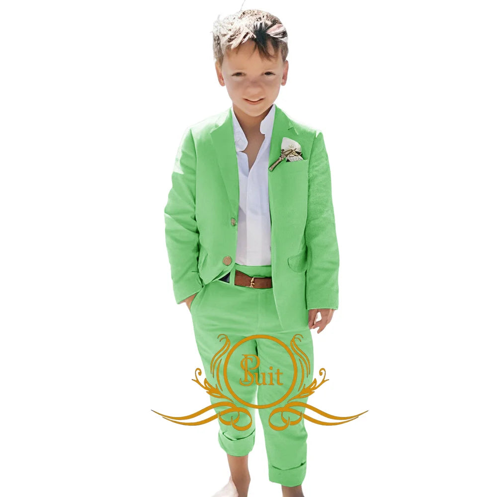 Solid Color Linen Suit Summer Beach Wedding Boy Suit Jacket Pants 2 Pieces Set Kids Linen Suit