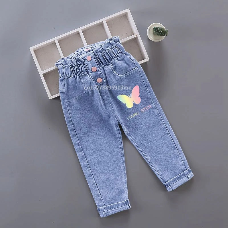 Kids Girl Jeans Floral Cartoon Long Pants Spring Autumn Graffiti Painting Print Casual Trousers with Hole Children Denim Pants