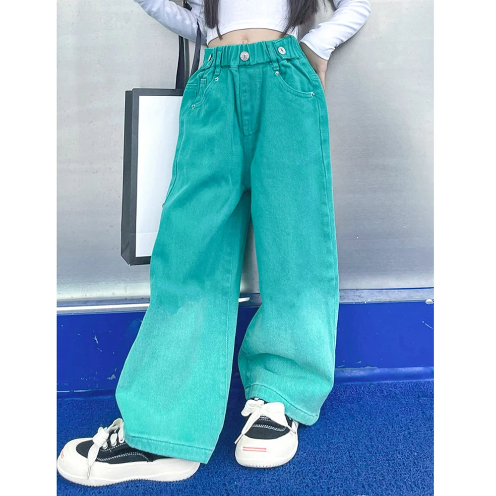 Teenagers Girl Wide Leg Jeans Kids Girls Denim Pants Children Outwear Long Trousers Girl JAZZ Clothing Fall Spring 110-170