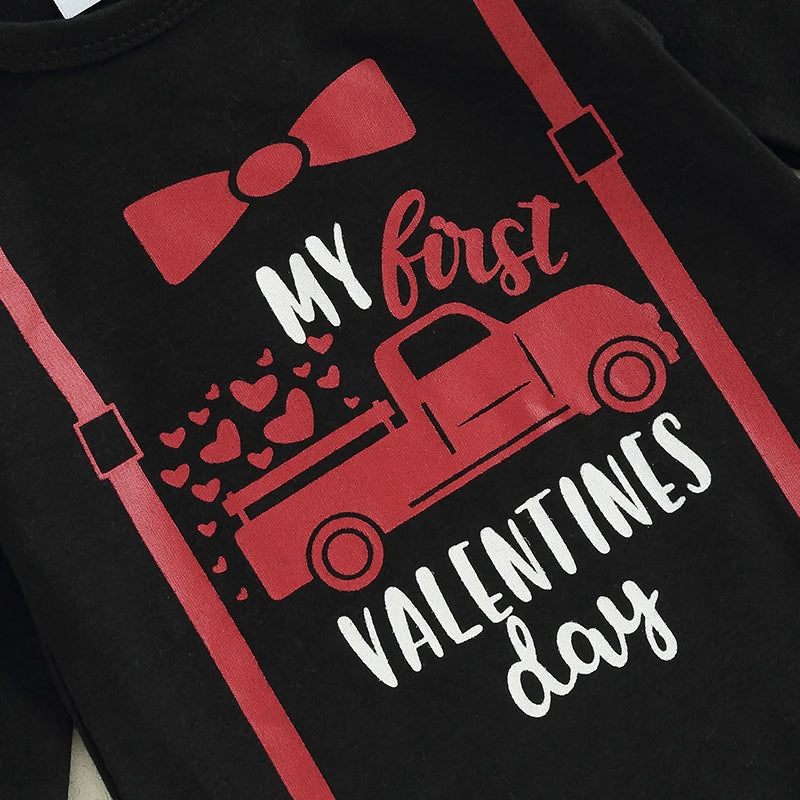 Baby Boys My First Valentines Day Outfits Long Sleeve Truck Print Romper Pants Hat Set Infant Baby Boys Clothes Set