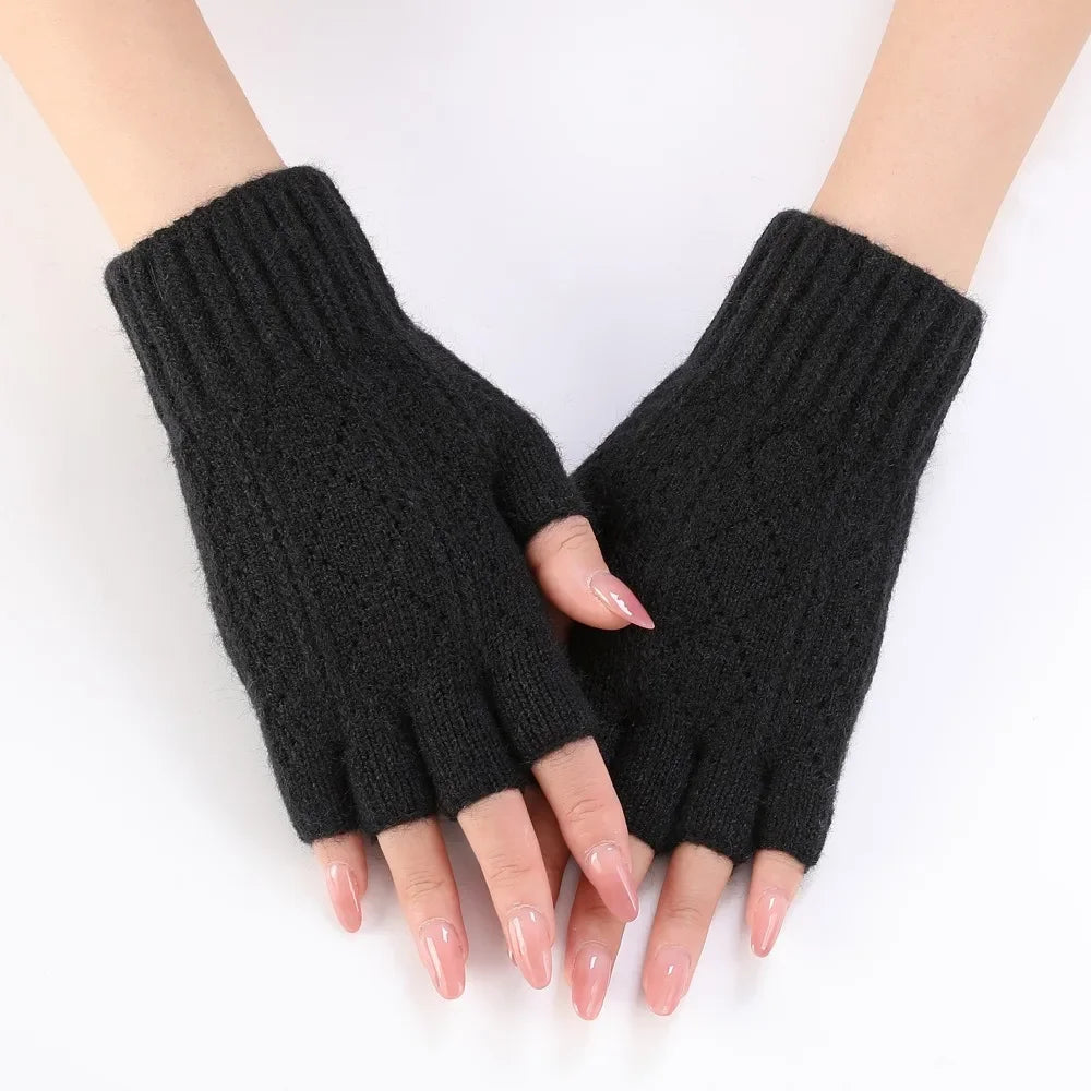 Mink Fleece Soft Winter Half Finger Gloves Women Warm Luxury Solid White Plush Knitted Fingerless Gloves Wrist Mittens Writting