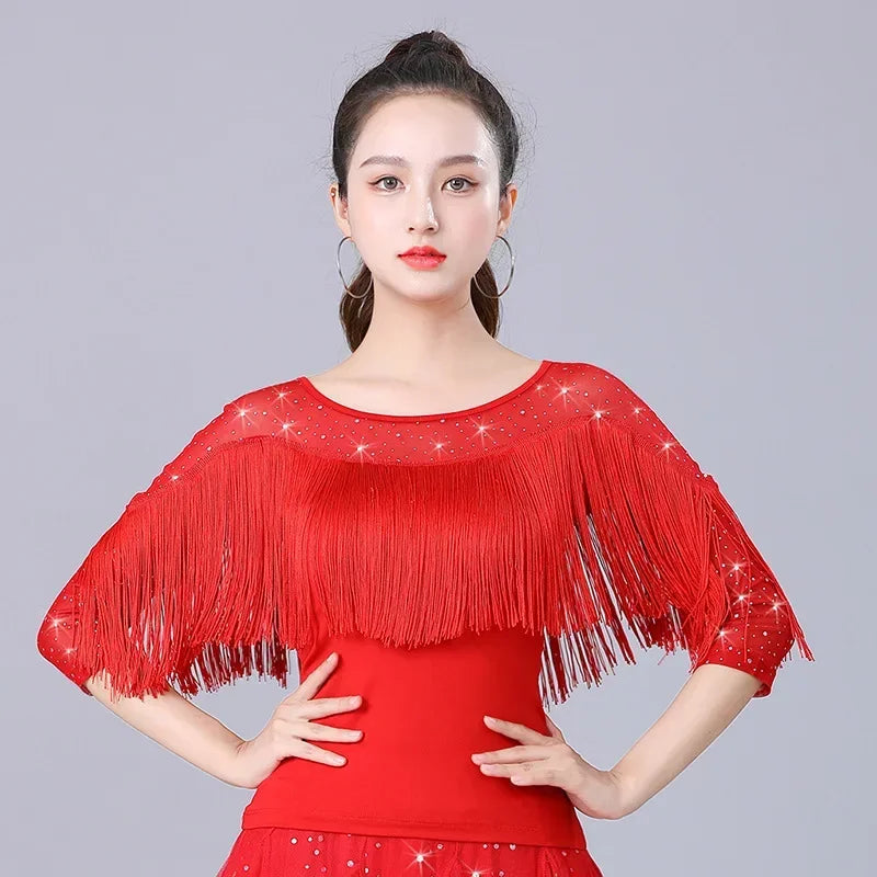 Women's Latin Dance Costume Glitter Sequin Tassels Modern Dance Practice Performance  Tops Tango Jazz Waltz Ballroom Dancewear