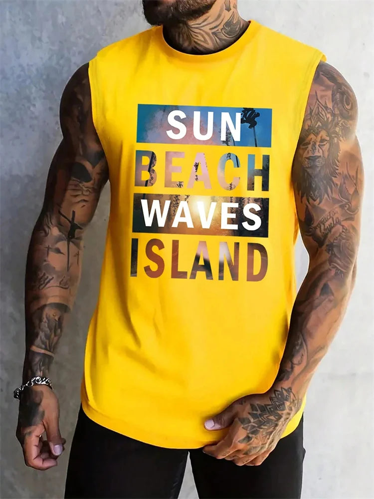 Stylish Men's Vacation Hawaiian Vest Gradient Coconut Print Casual Yacht Party Vest Plus Size Mens Resort Breathable T-Shirt Top