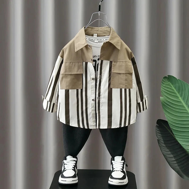 Boys' Autumn Shirts 2024 Spring and Autumn Season New Handsome Children's Striped Shirts Coat Foreign Style Casual Top