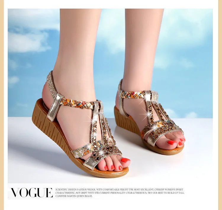 Shoes for Women Summer Women Wedge Bohemia Rhinestones Casual Platform Sandals Female Peep Toe Outdoor Beach Shoes 34-43