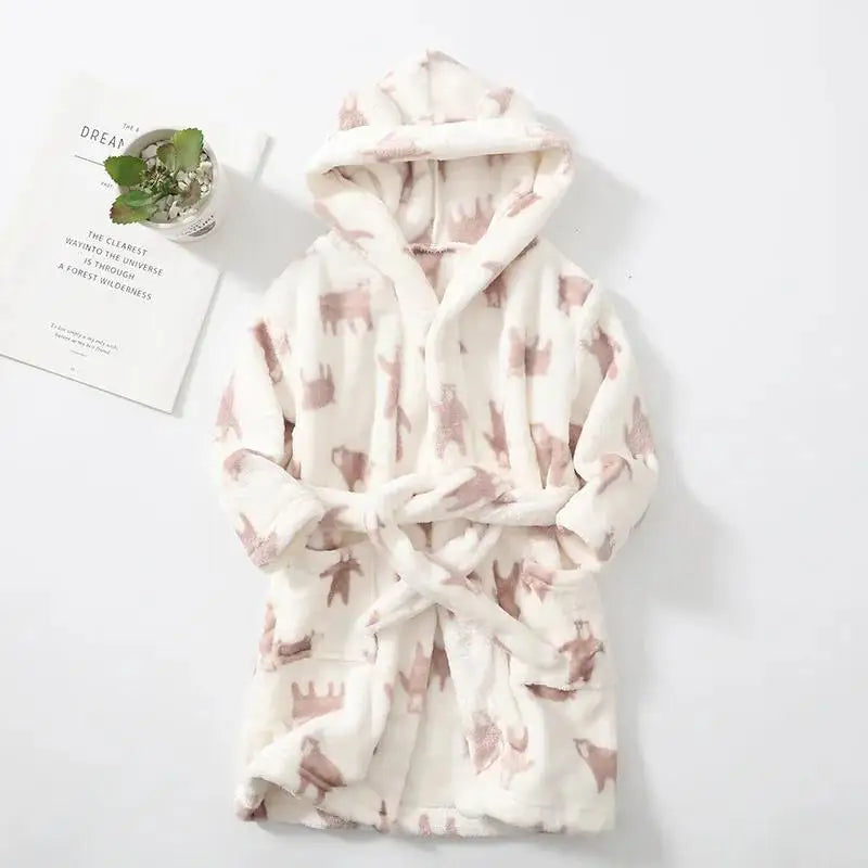 New Autumn Winter Kids Hooded Flannel Bathrobe Baby Bath Robes Boys Girls Cute Cartoon Soft Warm Pajamas Long Sleeve Towel Robe