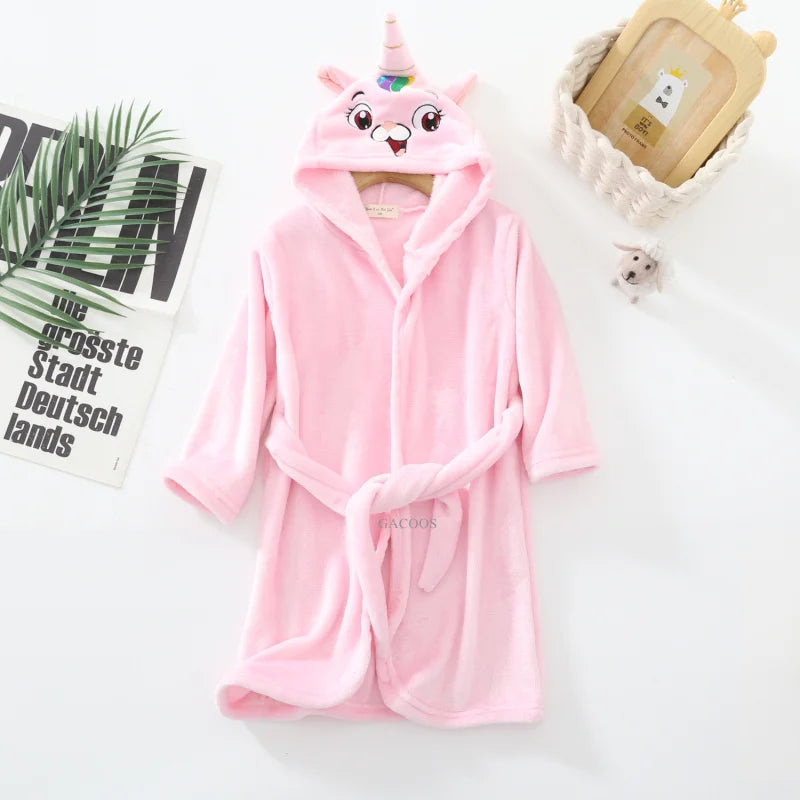 New Autumn Winter Kids Hooded Flannel Bathrobe Baby Bath Robes Boys Girls Cute Cartoon Soft Warm Pajamas Long Sleeve Towel Robe