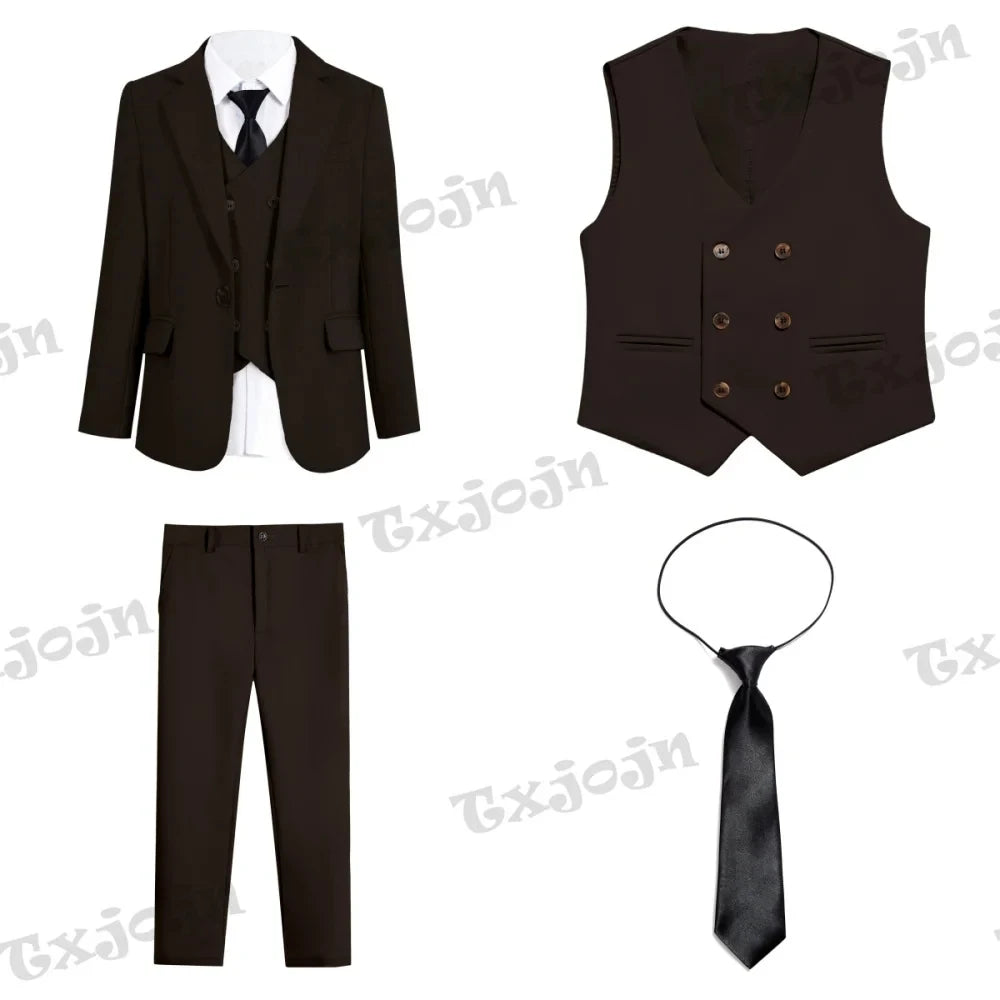 Fashionable Brown Shawl Neck Children Tuxedo Set 3-14Y Elegant One Button Boys Suit 4 Pieces For Wedding Party Guest