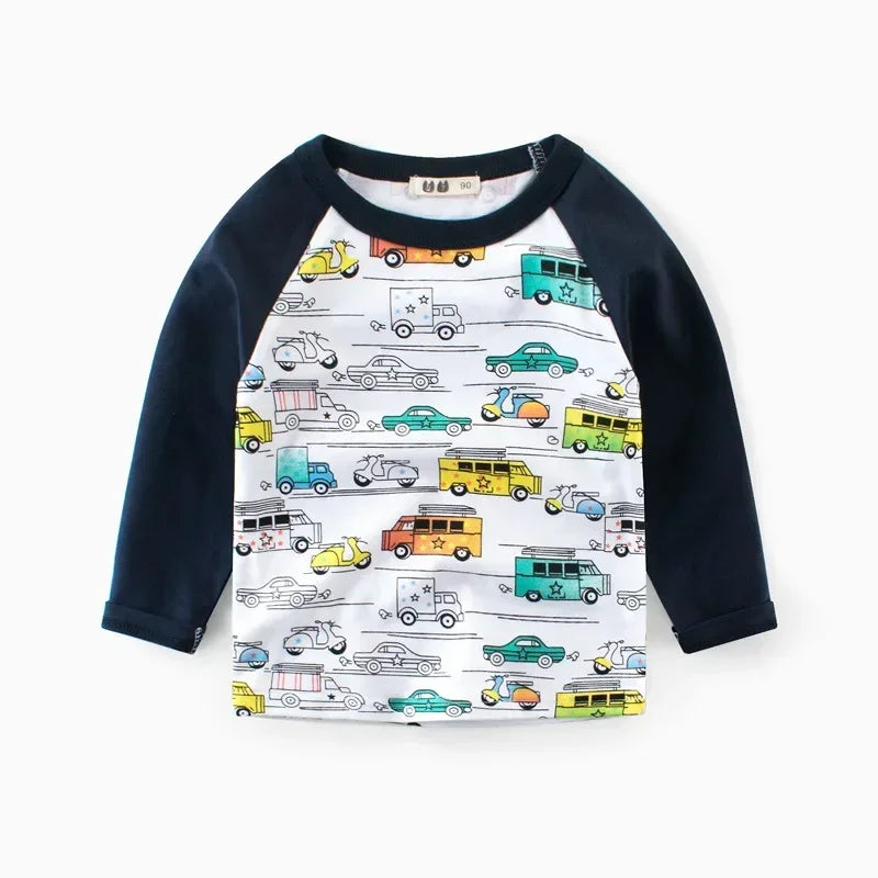 2025 Autumn T Shirt Cartoon Car T-shirt Boys Girls Baby Kids Clothes Cotton Long Sleeve Top for Boy Children's Clothing 2-9 Year