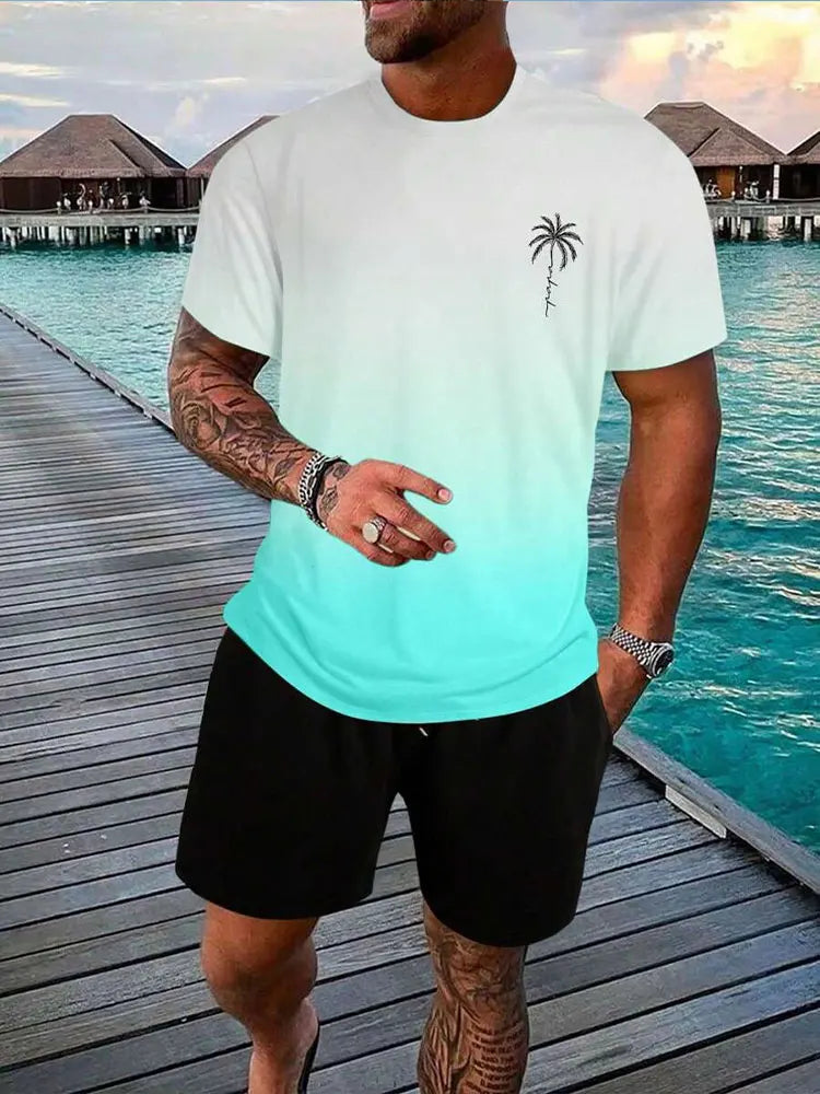 Summer Men's 2 Piece Set Hawaiian Fashion Casual Men's T-shirt Outdoor Beach Men's Shorts Palm Tree Print O-neck Short Sleeves