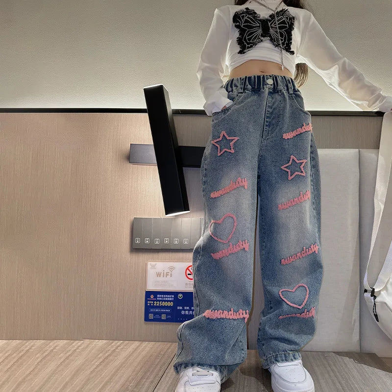 Girls School Wide Leg Pants with Heart Star Design Casual Loose 2024 Kids Fashion Long Jeans Children Korean Style Trousers