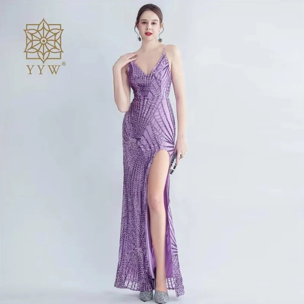 Backless Sexy Adjust Spaghetti Strap Women Mermaid Dress Evening Sequin Maxi Gala Gowns Celebration Formal Banquet Robe Wedding