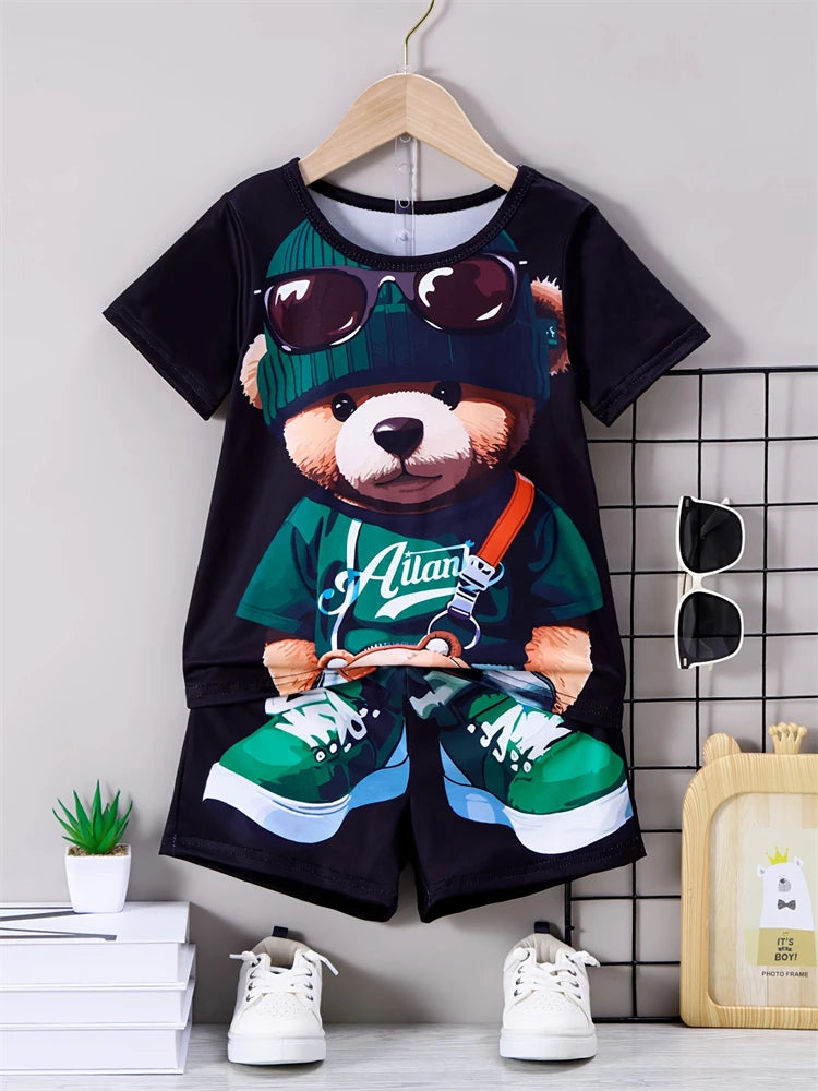 Summer Daily Casual Men's Short-sleeved Outdoor Sports Men's Beach Pants Fashion Bear Print Men's T-shirt And Shorts 2pcs Set