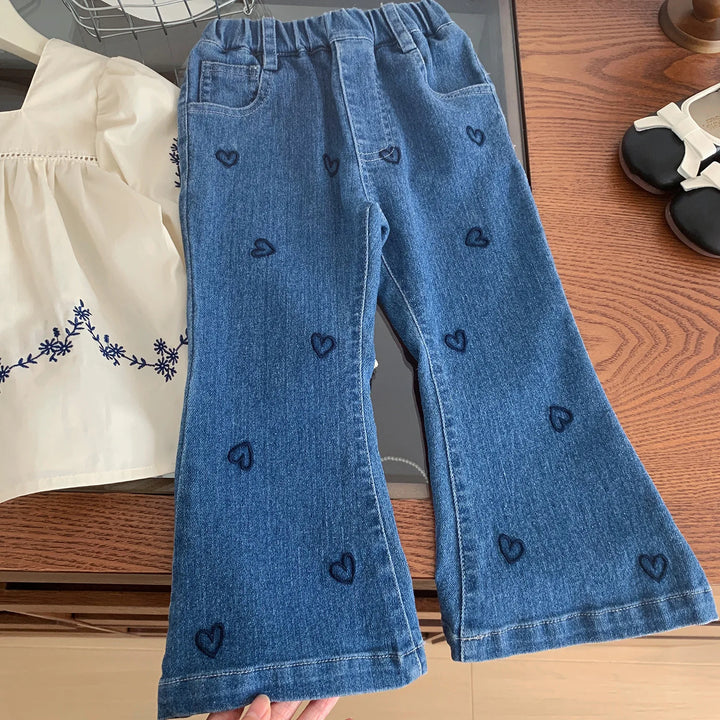 Children's Heart Embroidery Full Printed Casual Flared Pants Blue Girls Sports Jeans