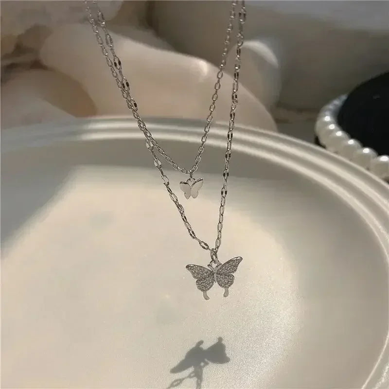 Silver Color Korean Chain Butterfly Pendant Women Necklace Crystal Stone Cute Girls Little Charm Fancy Necklace Fashion Jewelry