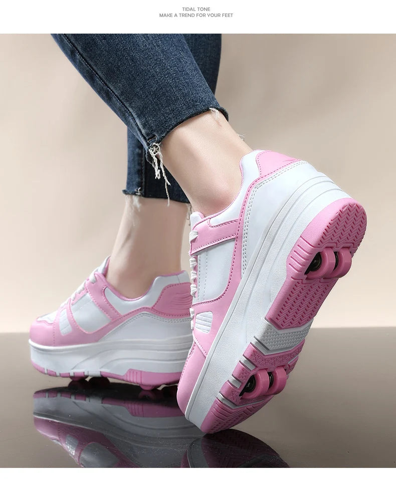 Four wheel roller shoes Boys girls walking shoes Casual outdoor sports slide and shrink school students pulleys shoes sneakers