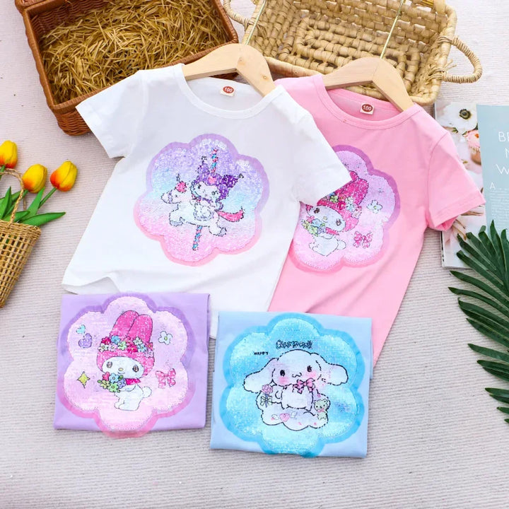 Sanrio Girl Short Sleeve T-Shirt Hello Kitty Kuromi Cinnamoroll Girls' Cotton Material T-shirt Multi Colored Cartoon Pattern Top