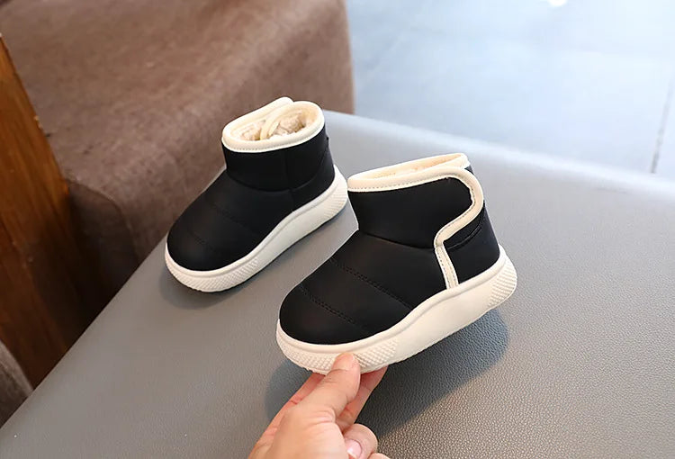 Children Short Boots Hook & Loop Kids Casual Leather Boots Non-slip Boys Girls Thick Warm Plush Fur Boots Simple 2024 Winter New