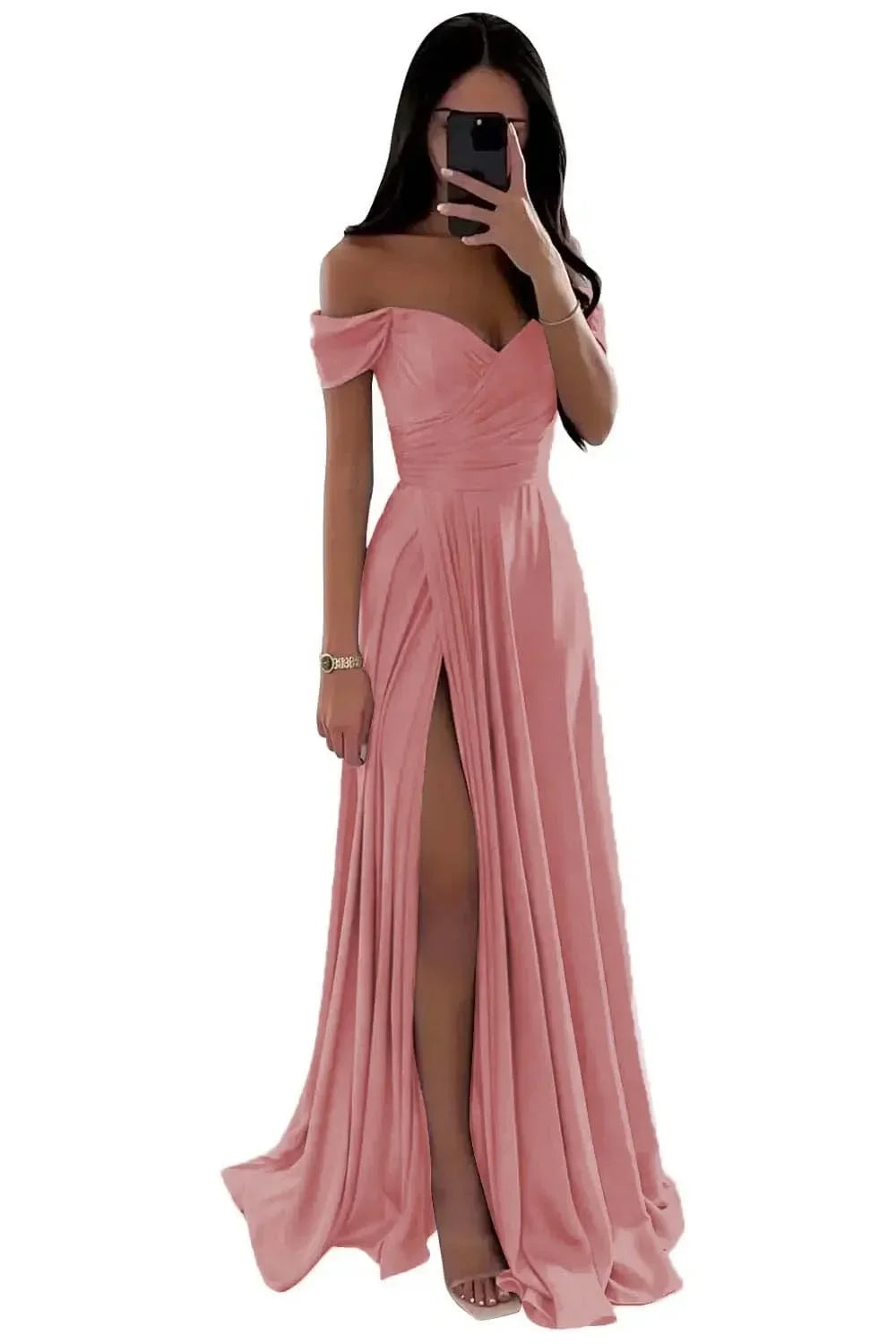 GDYBAO Women's Off The Shoulder Bridesmaid Dresses for Wedding Slit Long Pleated Satin Prom Dress Customized A-Line Evening Gown