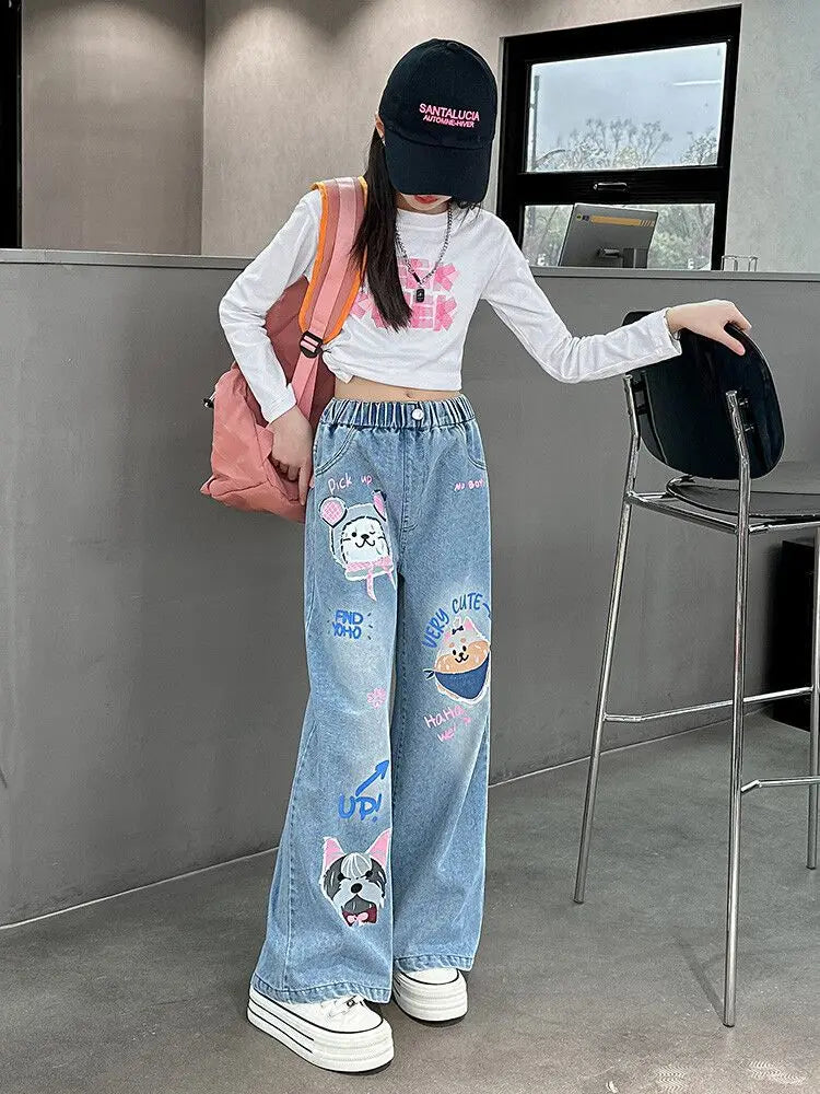 2024 Cartoon Fashion Pattern Jeans for Girl Loose Straight Denim Pants Lovely Print Kids Spring Autumn Korea Style Long Trousers