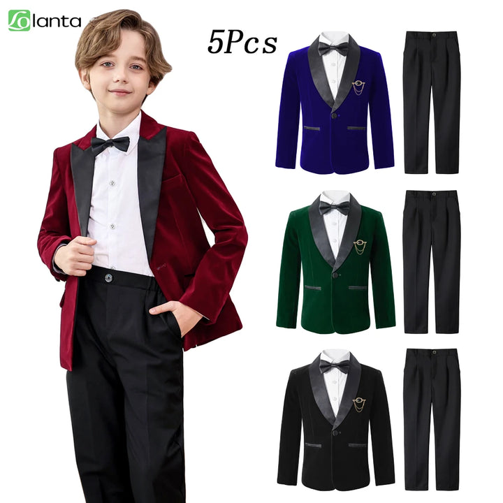 LOlanta 5Pcs Boys Christmas Velvet Formal Suits Kids Slim Tuxedo Set Classic Wedding Birthday Wear 3-12Years