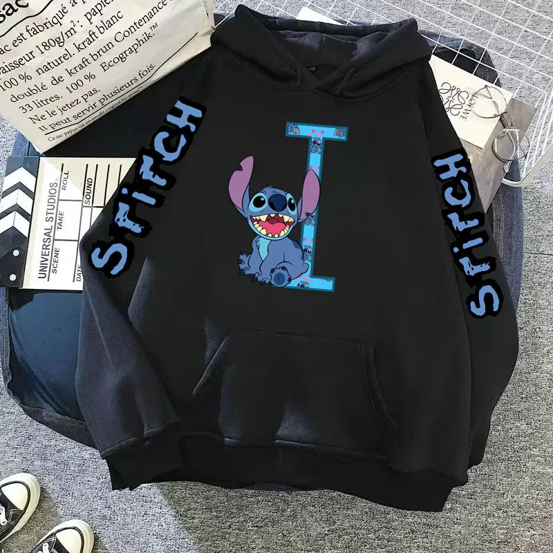 2024 Women's Winter Jacket Cute Kawaii Disney Lilo & Stitch Lucky Letter Print Black Hoodie Fashion Couple Streetwear Sportswear