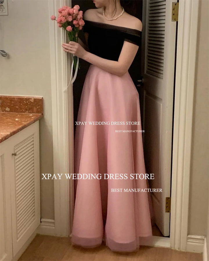 XPAY Black Pink Korea Evening Party Dress Customized A Line Strapless Wedding Photo Shoot Sleeveless Backless Corset Prom Dress