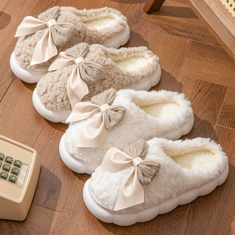 Winter Warm Fur Slippers for Women Cute bow House Non Slip Soft Shoes Comfort Flat Heel Home Indoor Bedroom Plush Slippers