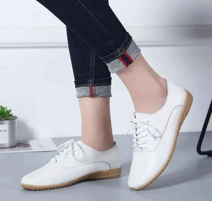 2024 New Spring Women Oxford Shoes Ballerina Flats Shoes Women Genuine Leather Shoes Moccasins Lace Up Loafers White Shoes 36-41