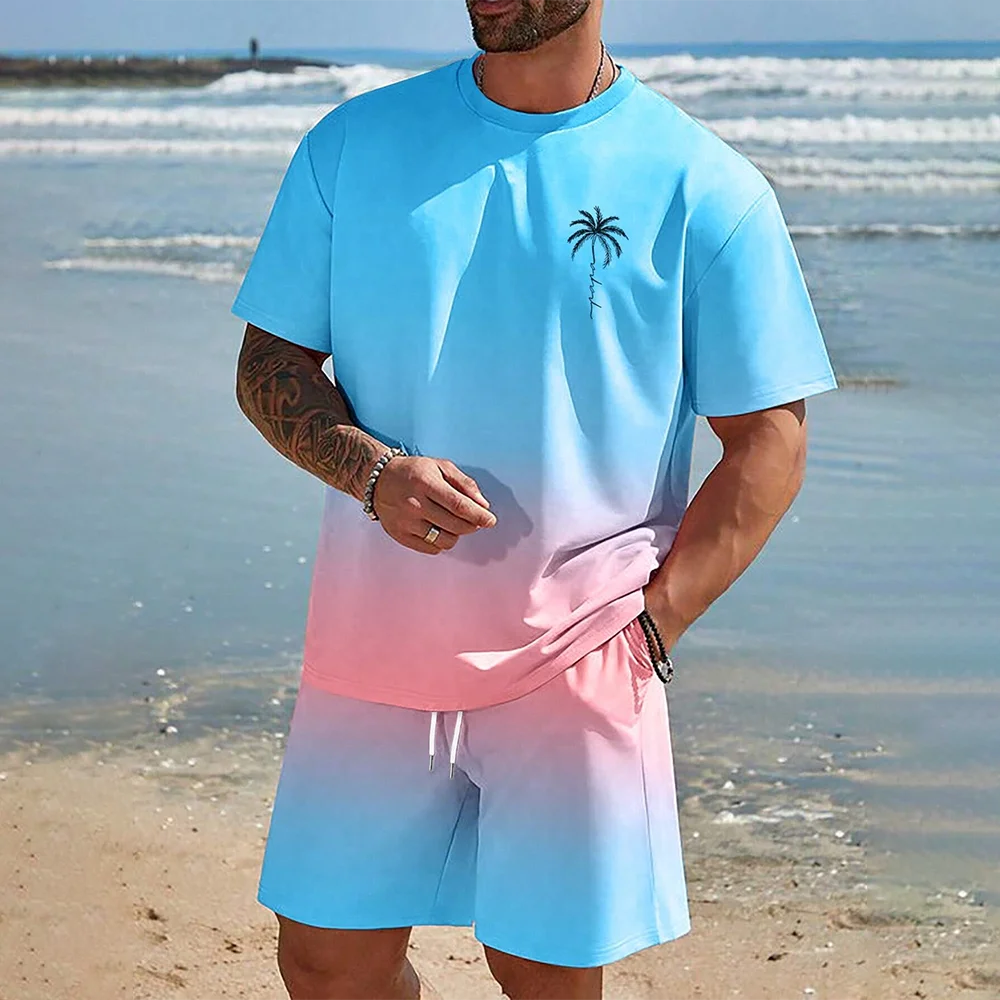 Hawaiian Set European And American Trendy Beach Short Sleeved Shirt Men S Dopamine Beach Casual Shorts Set Soft And Comfortable