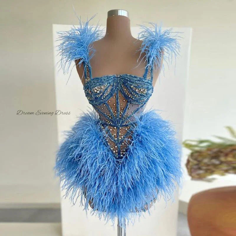 Dream Evening Dress Temperament Blue Lace Beaded Tulle miniskirt Poncho Short Dress Square Collar Feather A-Line