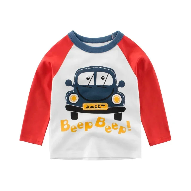 2025 Autumn T Shirt Cartoon Car T-shirt Boys Girls Baby Kids Clothes Cotton Long Sleeve Top for Boy Children's Clothing 2-9 Year