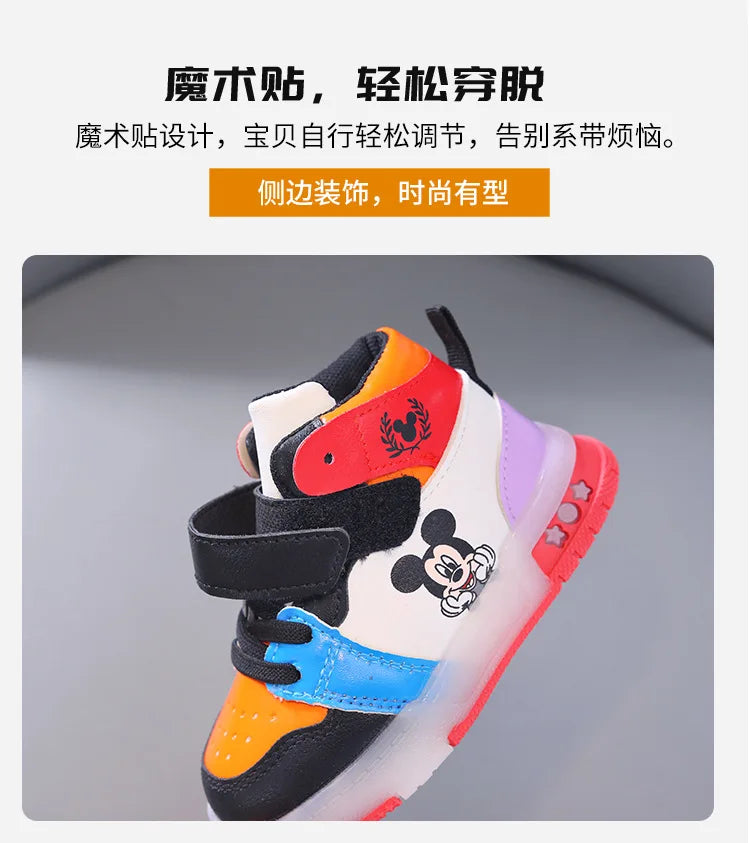 Disney Children's Sneakers Boys Girls Mickey Led Light Sport Shoes Student Shoes Hook Anti-slip Kids Outdoor Shoes Basket Shoes